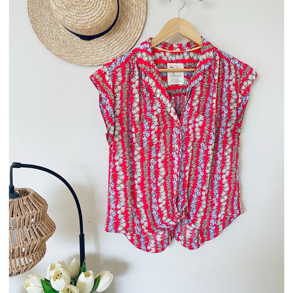 Anthropologie 49 of 52 Conversations Red Floral Colloquial Top - Picture 3 of 6